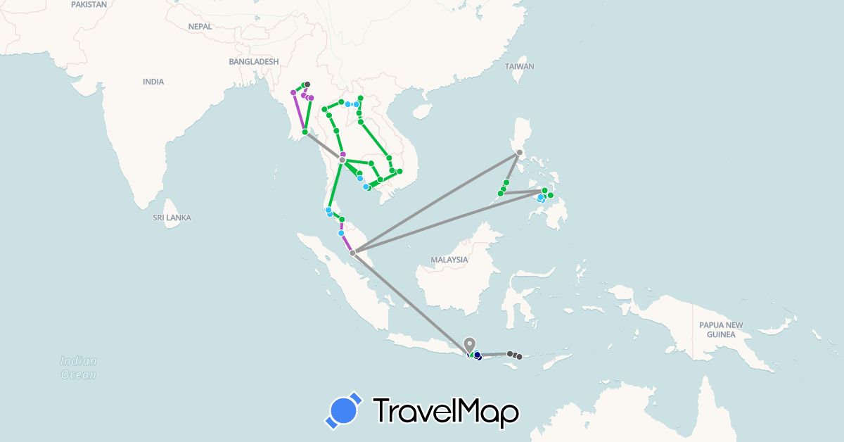 TravelMap itinerary: driving, bus, plane, train, boat, motorbike in Indonesia, Cambodia, Laos, Myanmar (Burma), Malaysia, Philippines, Thailand (Asia)